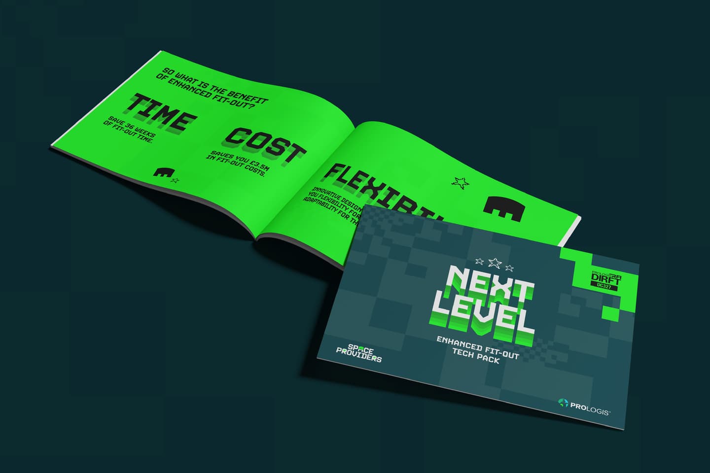 Two green and black brochures are displayed on a dark surface. One brochure is open, showing text about benefits, whilst the other is closed with the title NEXT LEVEL Enhanced Fit-Out Tech Pack.