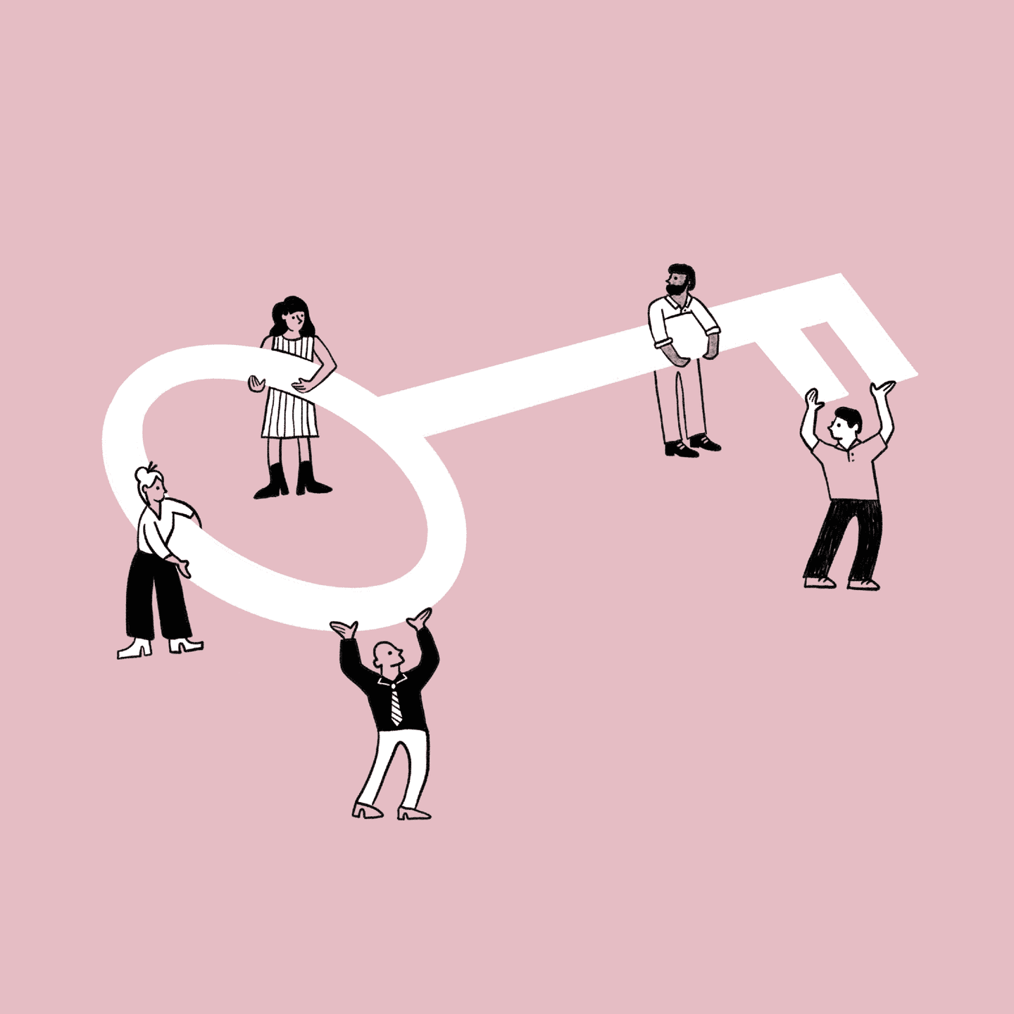 Five illustrated people stand around and hold up a large white key on a pink background.