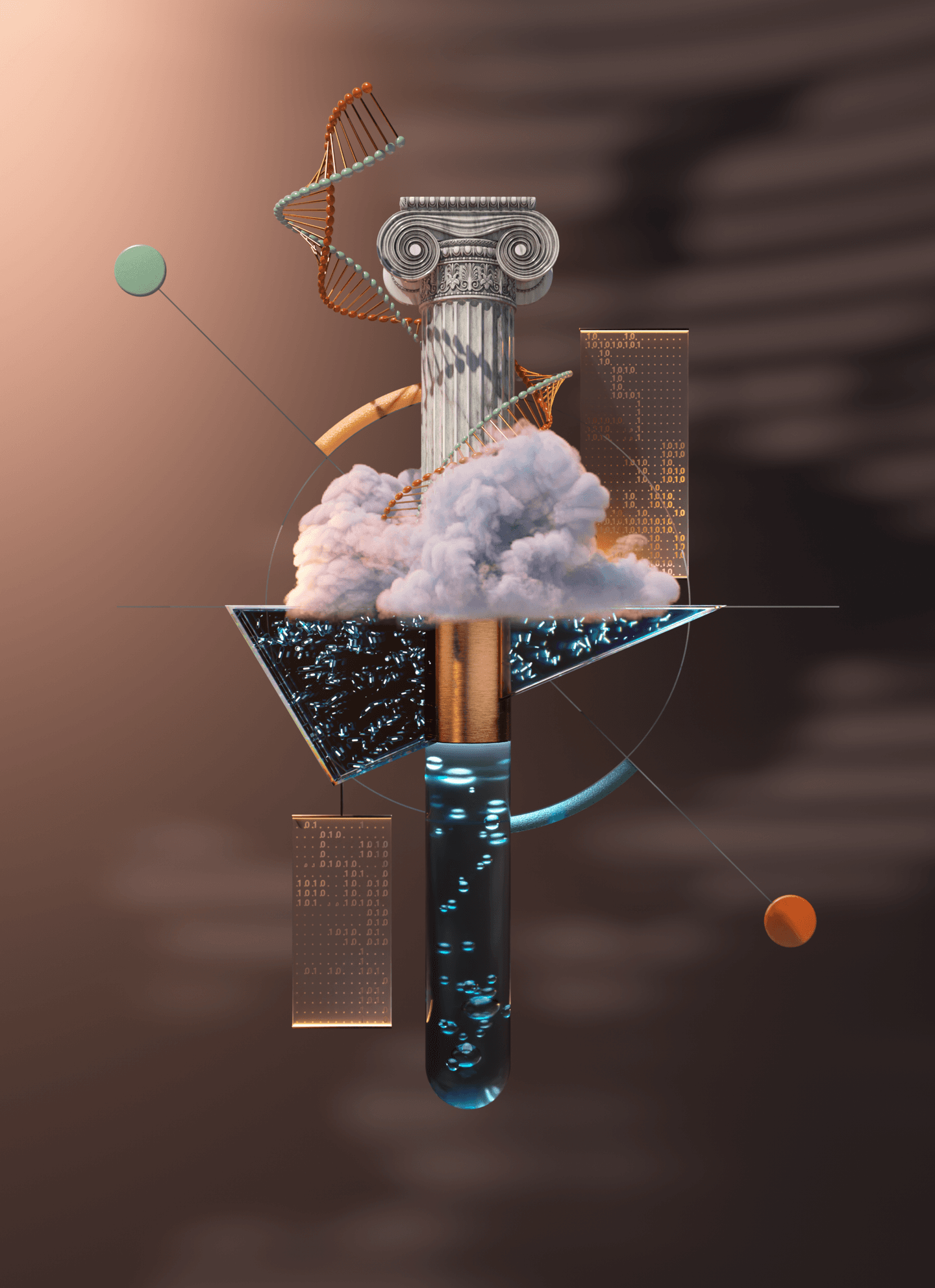 A digital collage features a test tube, an Ionic column, a DNA helix, geometric shapes, digital patterns, and a cloud, representing themes of science and technology.