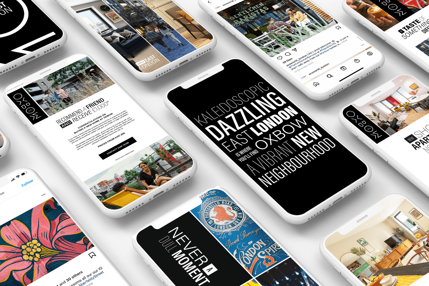 A collection of smartphones displays various screens from a modern lifestyle and property brand, featuring bold text, photos, and vibrant graphics.
