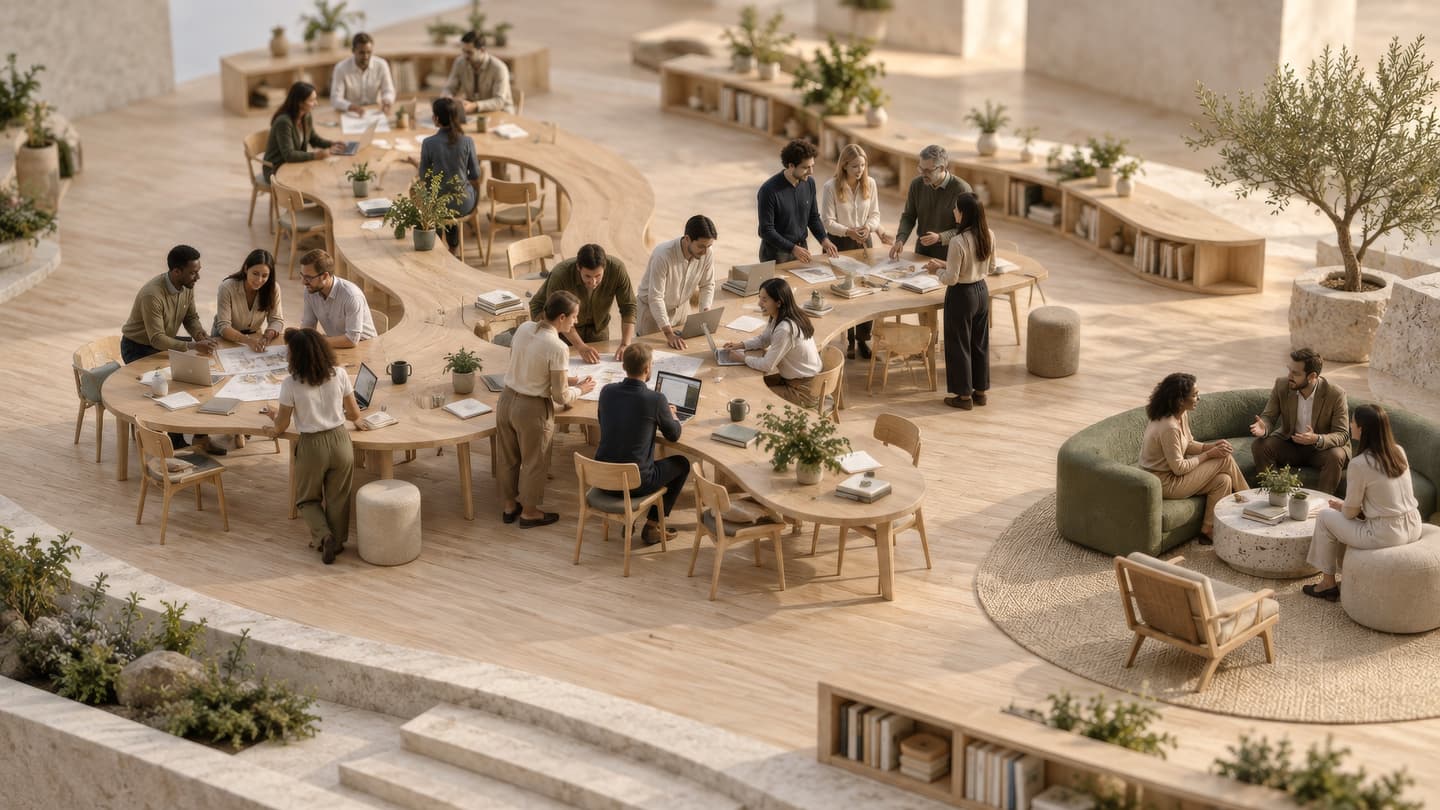 People work and collaborate in a spacious, modern office with wooden furniture, plants, and open seating areas, creating a natural and relaxed atmosphere.