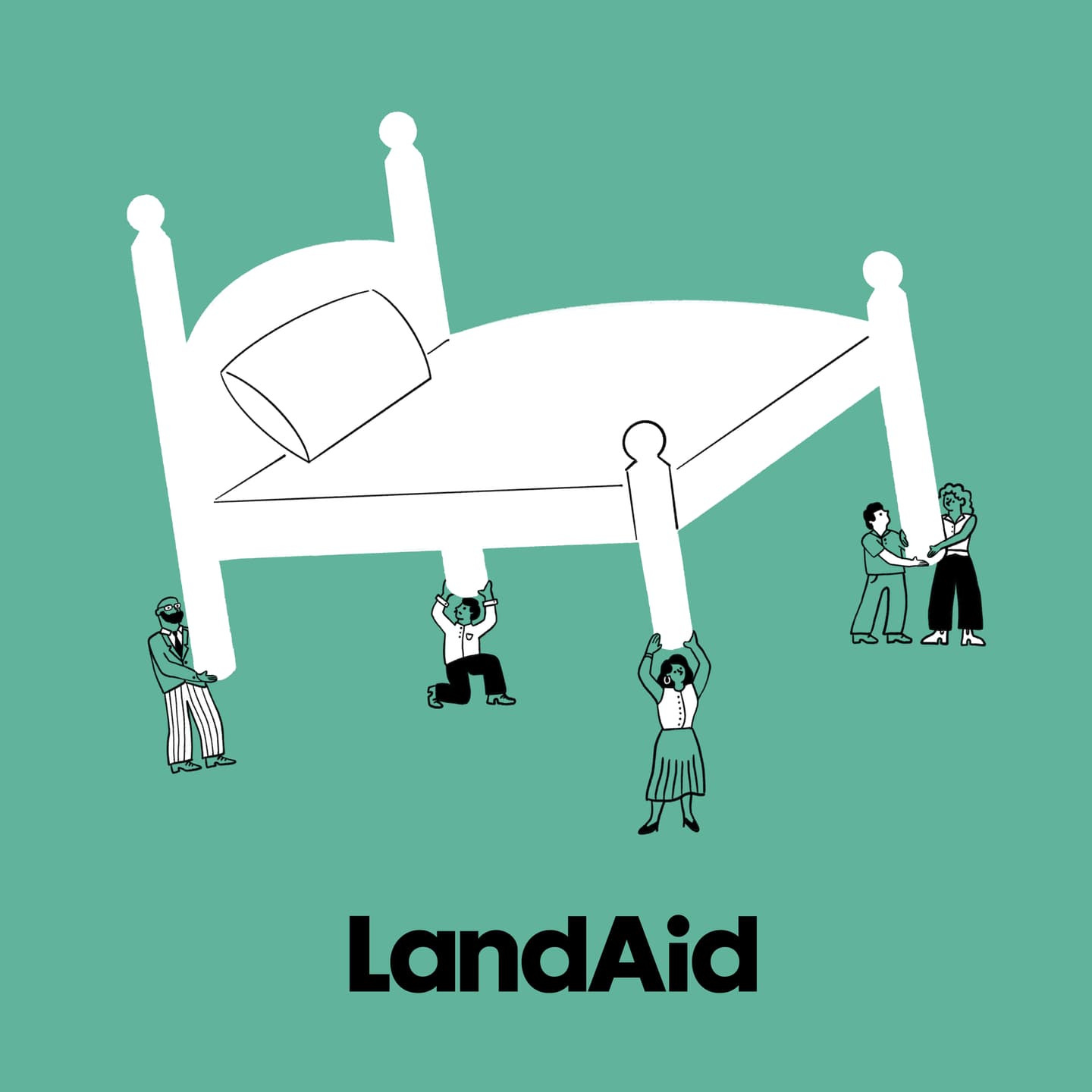 Illustration of five people working together to lift a large white bed on a green background, with the word LandAid below.