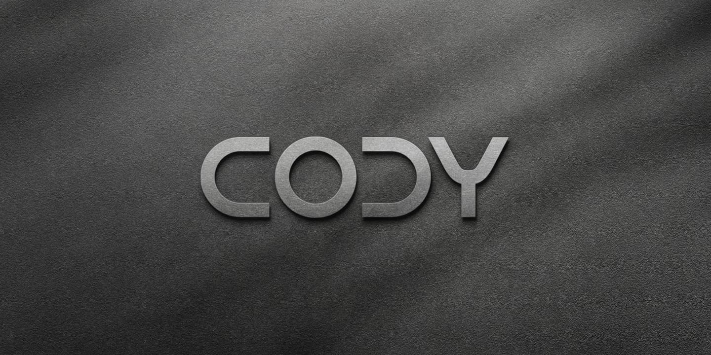 The word CODY in bold, grey, modern font is displayed on a dark textured background.