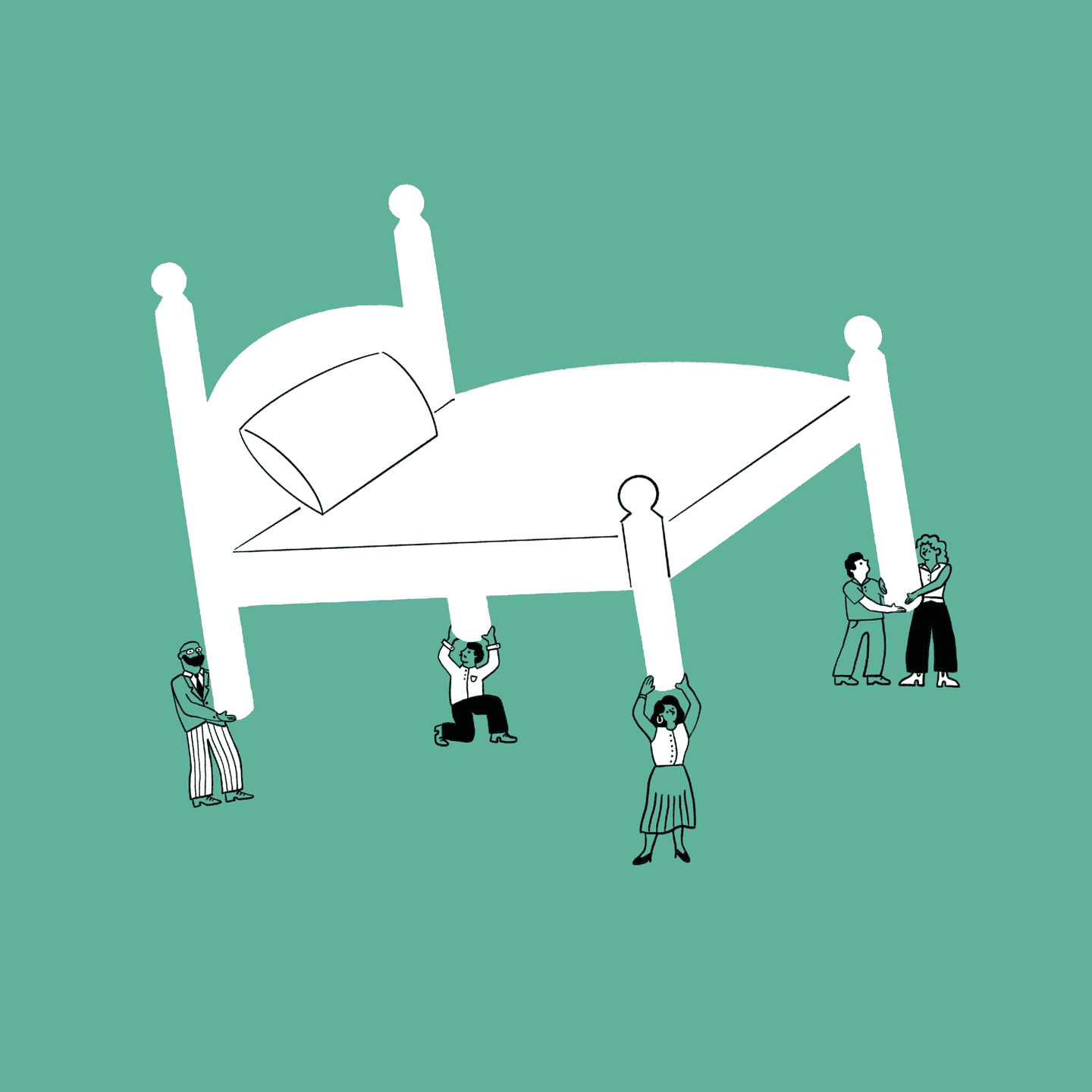 Illustration of five people collaboratively lifting and supporting an oversized bed with a pillow against a solid green background.