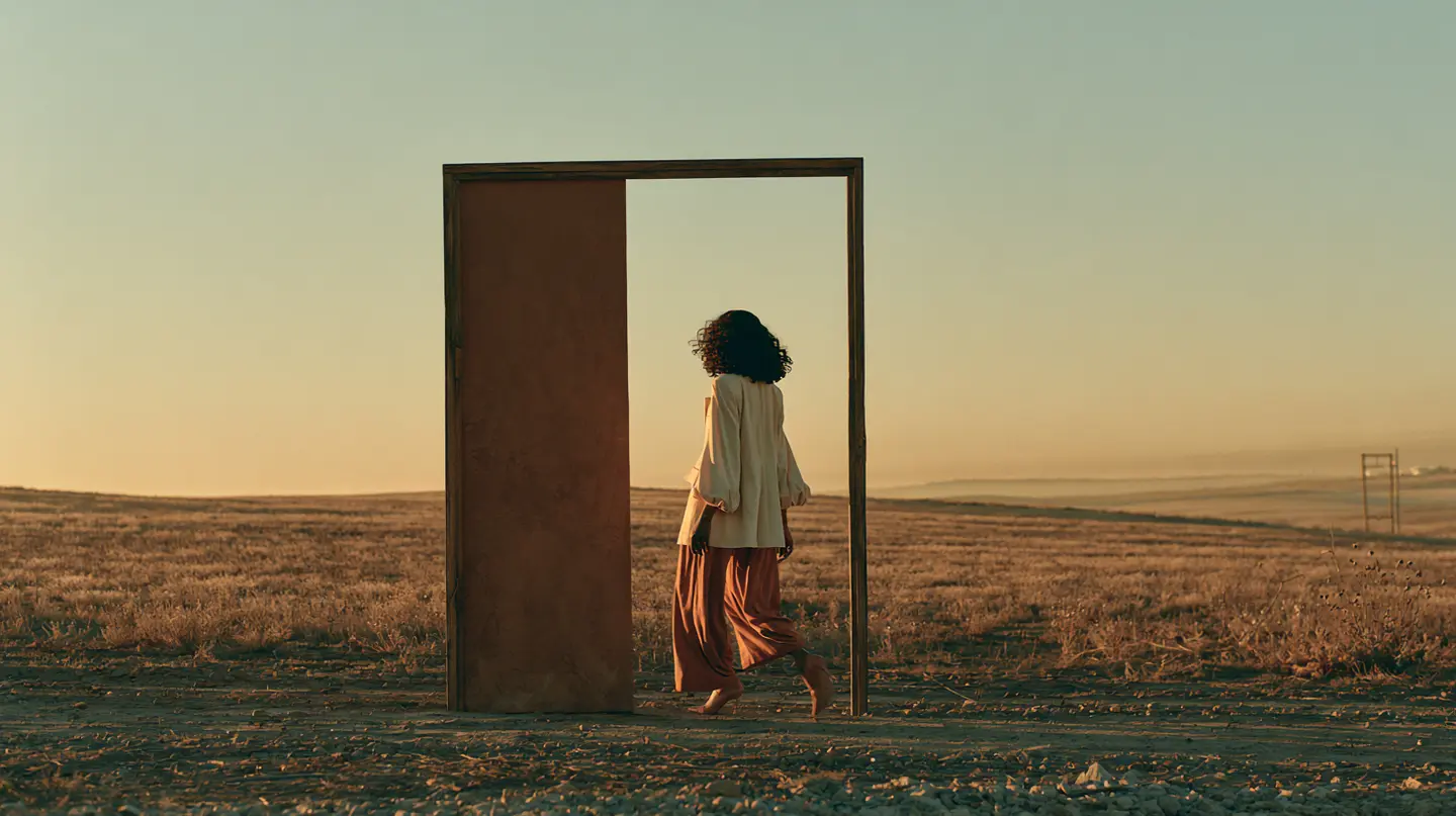 A person walks through a freestanding door frame in an open, dry field at sunset, with distant hills and a clear sky in the background.