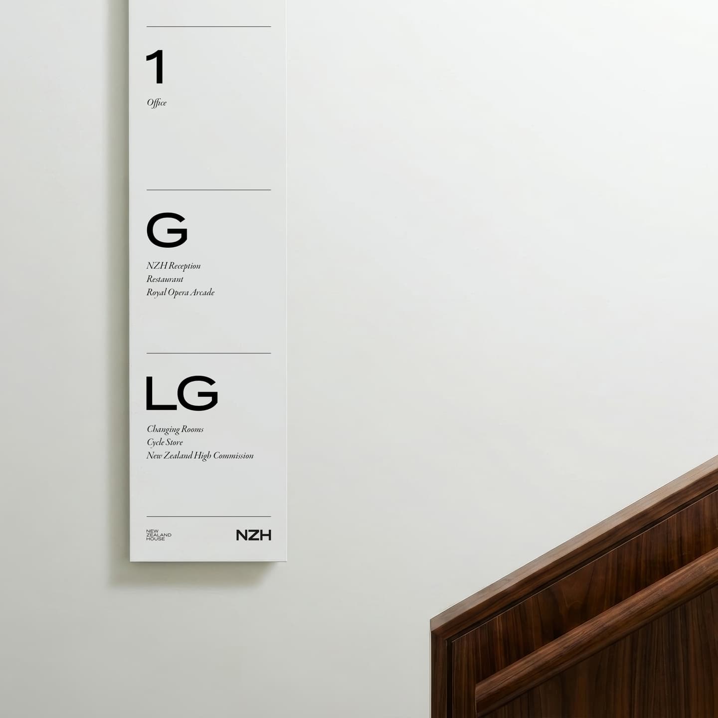 A directory sign listing: 1 Office; G Reception, Restaurant, Royal Opera Arcade; LG Changing Rooms, Café Space, New Zealand High Commission. Wooden handrail and wall are visible.
