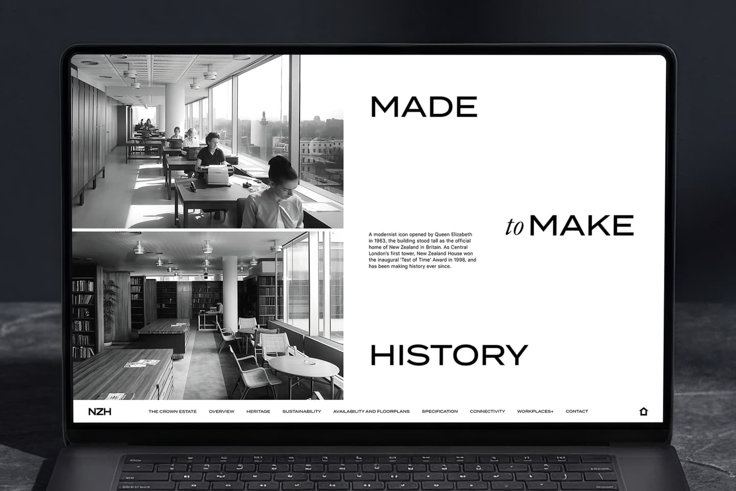 Laptop screen displaying a modern office interior in black and white with the text MADE to MAKE HISTORY and a short description about Queen Elizabeth II.