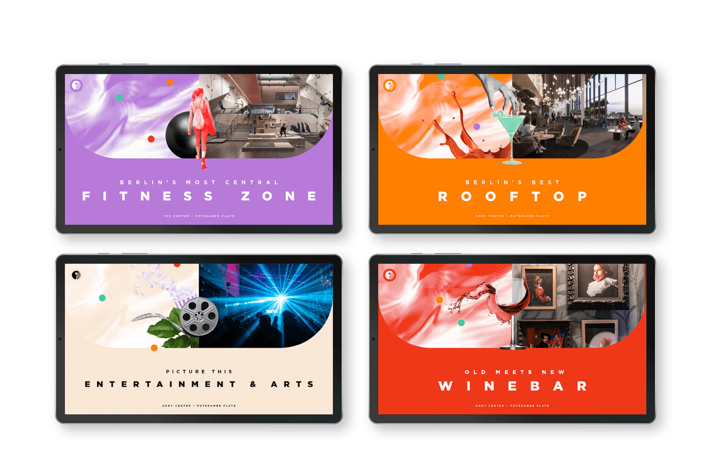Four colourful tablet screens display promotional graphics for Fitness Zone, Rooftop, Entertainment & Arts, and Winebar venues, each with themed images and bold text overlays.
