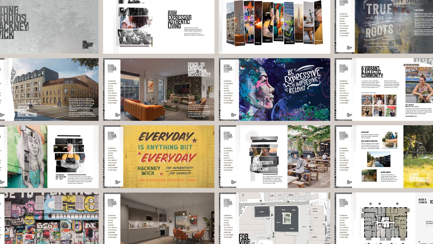 Grid of magazine or brochure pages featuring interior design, street art, and architectural photos, highlighted text, and floor plans, showcasing a modern urban lifestyle.