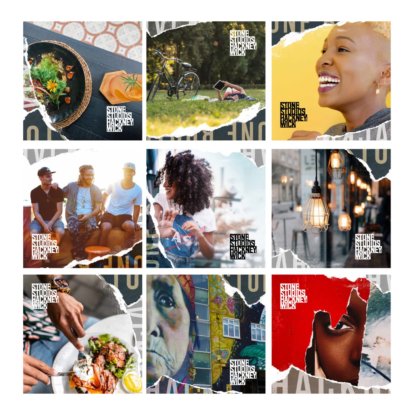 A grid of nine photos shows people, food, outdoor scenes, art, and lights, with STONE STUDIOS HACKNEY text overlaid on several images.