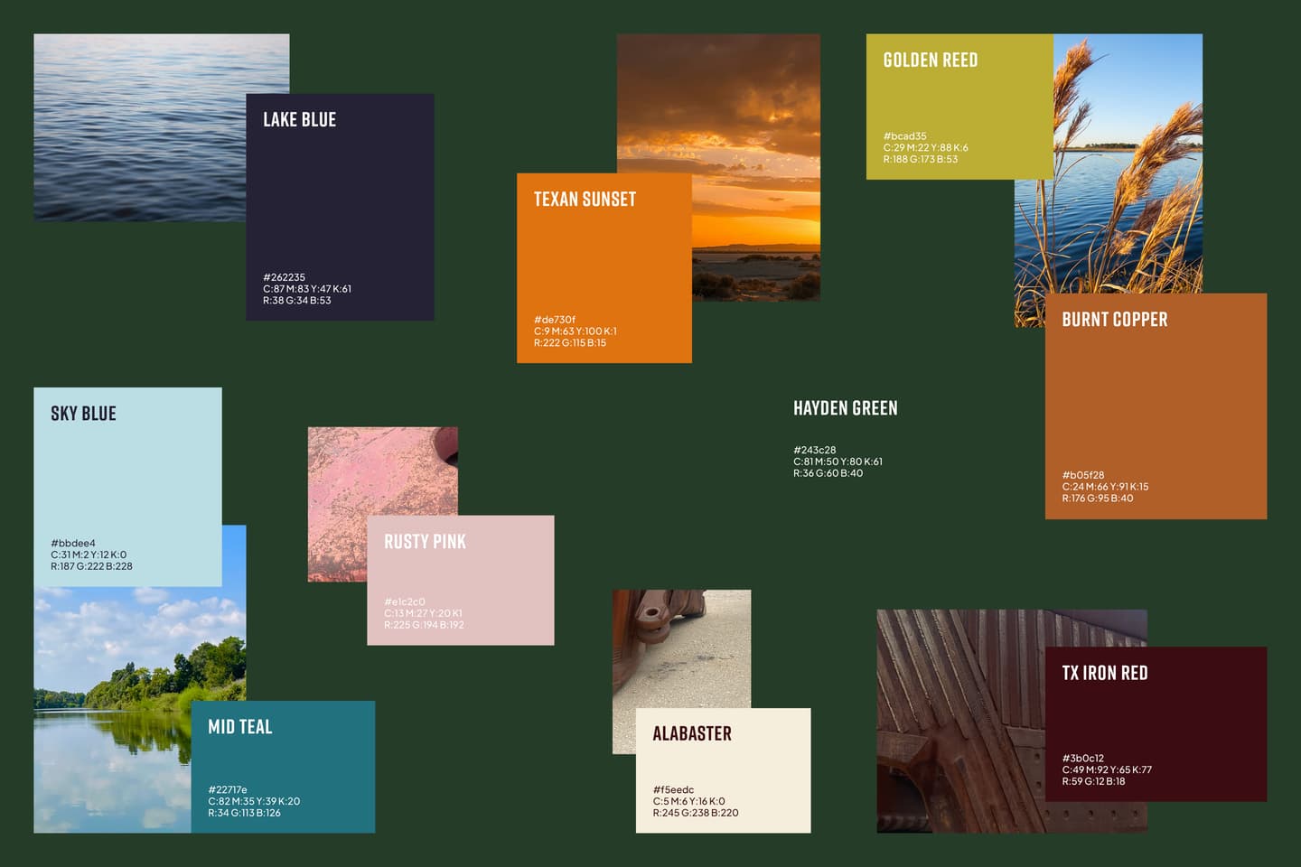 A colour palette inspired by Texas nature, featuring swatches named Lake Blue, Sky Blue, Mid Teal, Rusty Pink, Texan Sunset, Alabaster, Hayden Green, Golden Reed, Burnt Copper, and TX Iron Red.