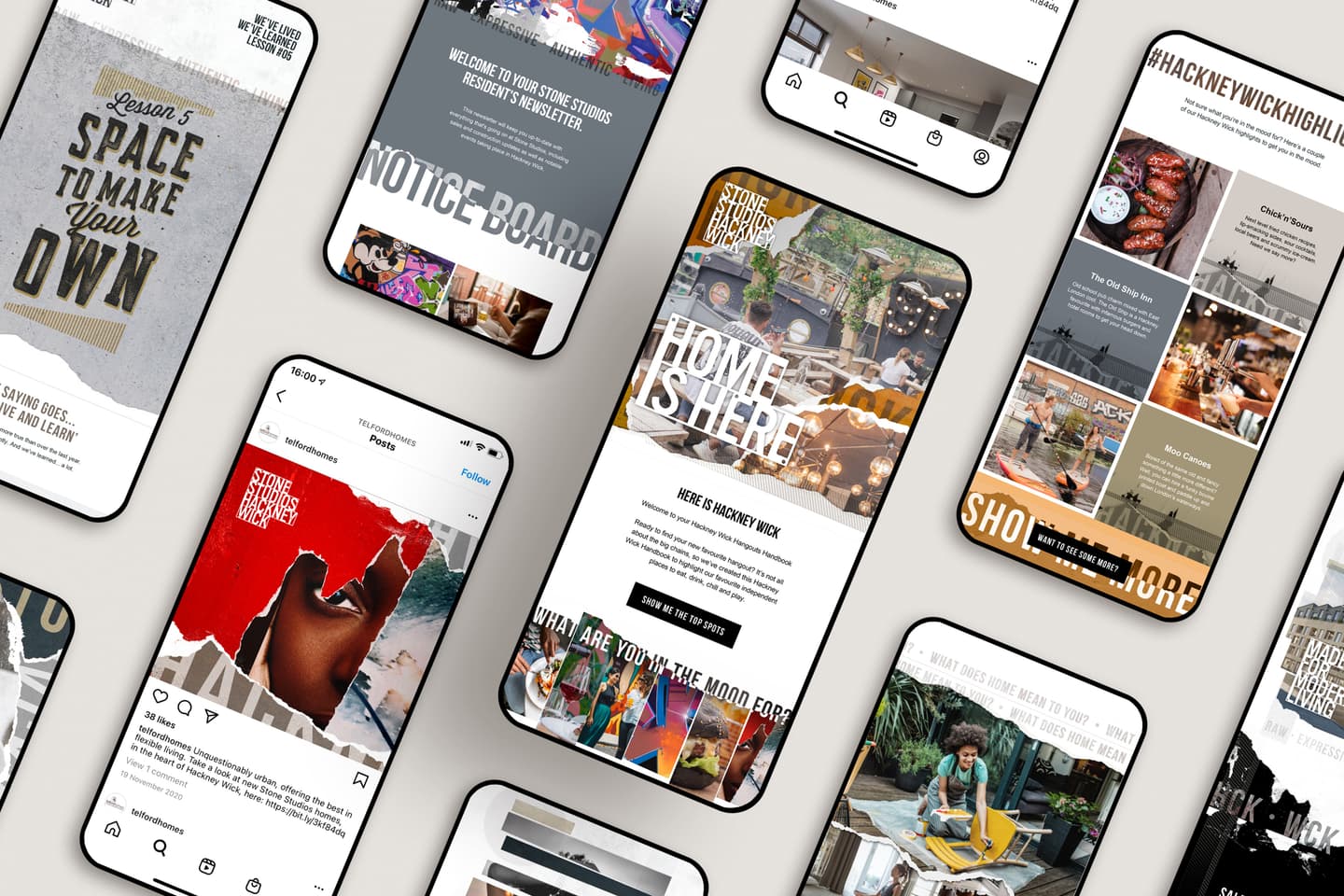 Multiple mobile phones display various websites and social media posts with diverse images, text, and layouts, arranged in a scattered, overlapping pattern on a light surface.