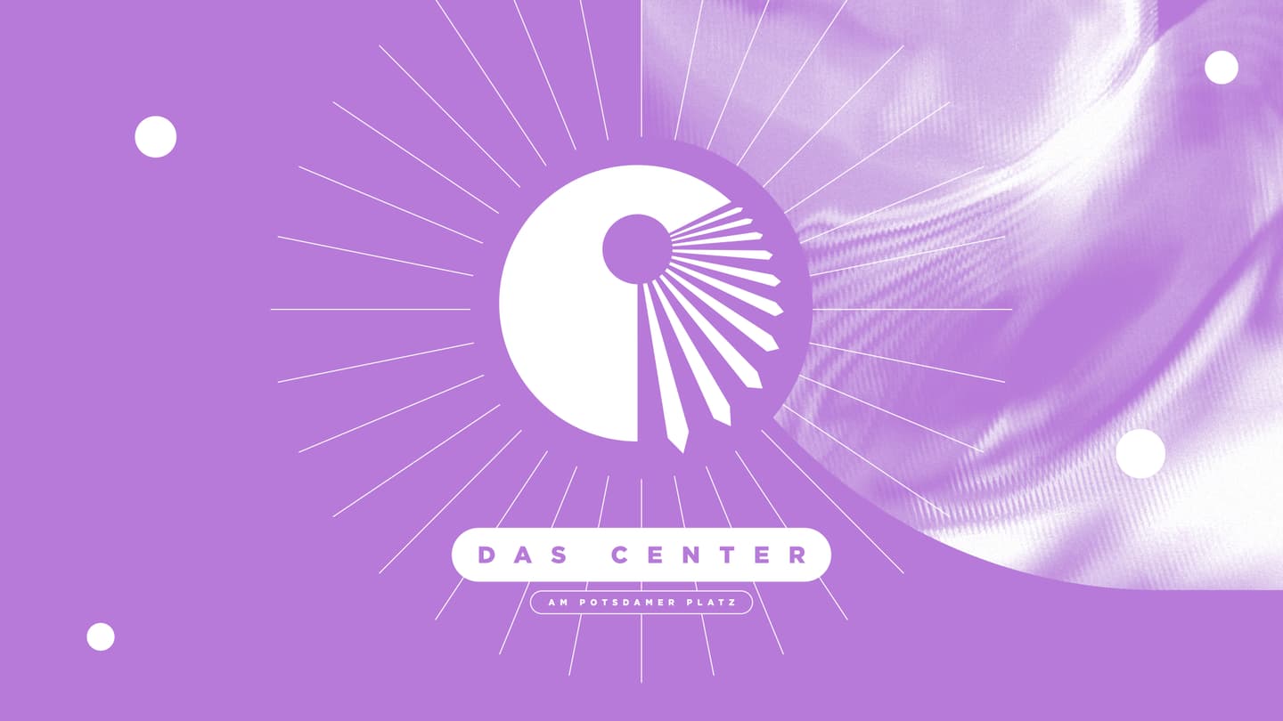 Purple graphic with a circular white logo radiating lines, text reads DAS CENTER AM POTSDAMER PLATZ, with abstract shapes and light textures in the background.