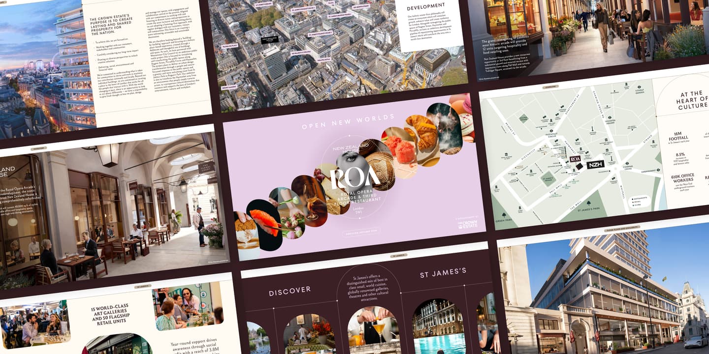 A collage of brochures and maps showing city buildings, restaurants, people dining, aerial views, interiors, and a central panel labelled ROAM with food images.