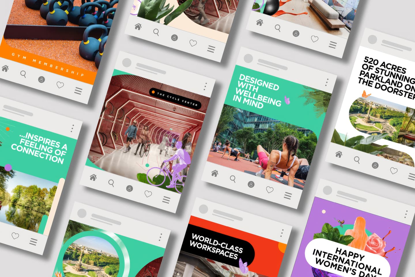 A grid of colourful social media posts featuring images and text about wellbeing, fitness, nature, workspace, and community activities.