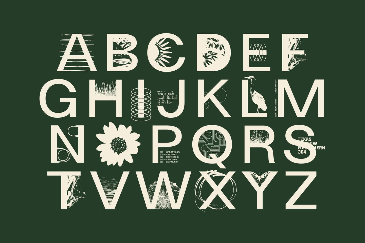 Alphabet in uppercase letters, each with unique Texas-themed illustrations or symbols integrated into or behind the letter shapes, on a dark green background.