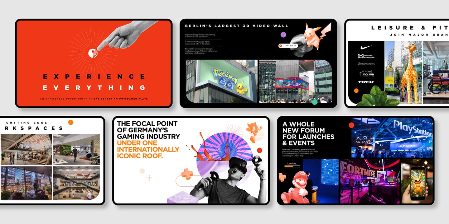 Six slides showcase various entertainment, gaming, workspace, and fitness venues with photos, graphics, and captions highlighting modern technology and vibrant environments.