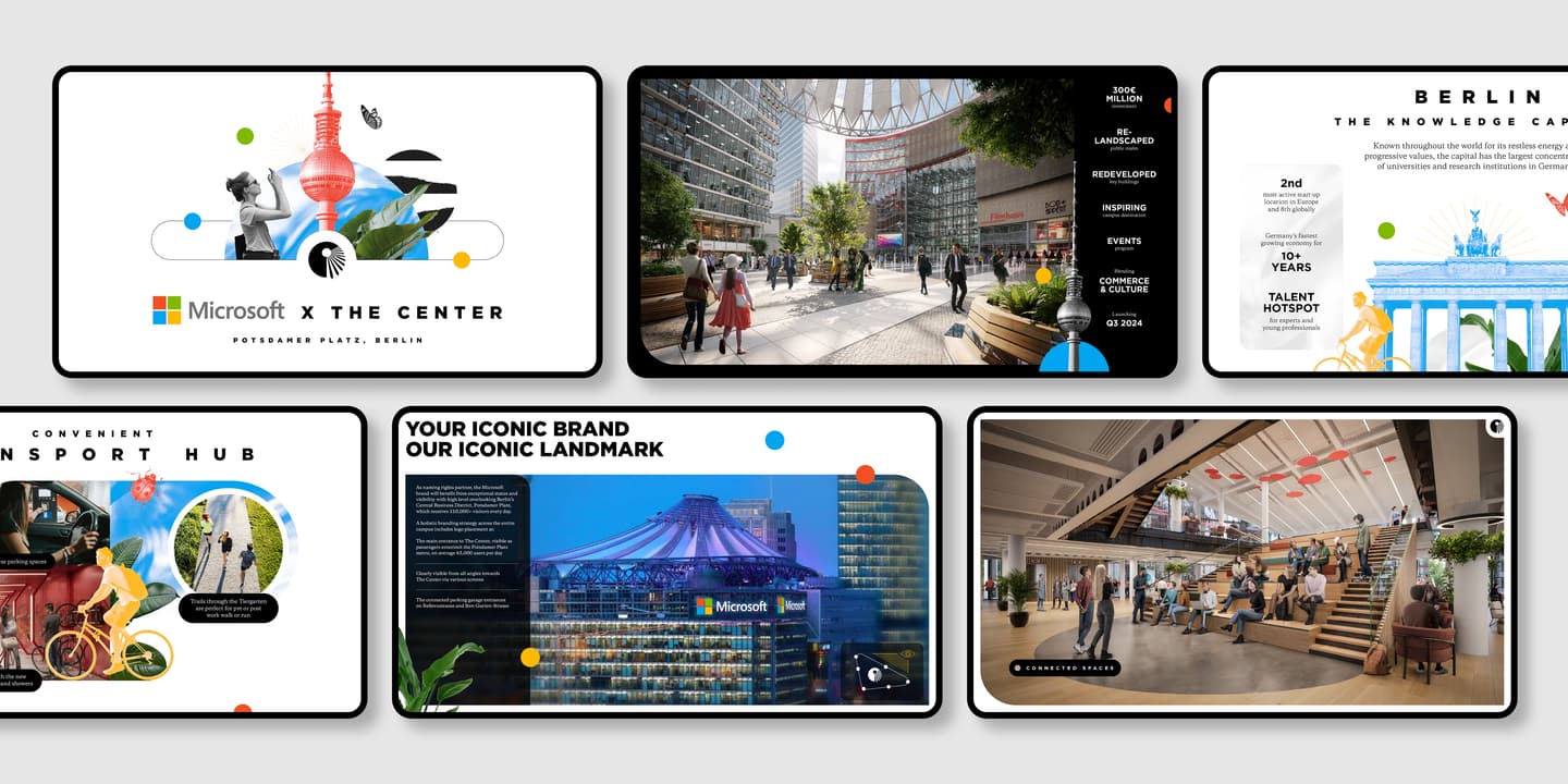 Collage of six slides showcasing Microsoft branding and urban scenes in Berlin, including modern architecture, people, the Brandenburg Gate, and icons representing transport and technology.