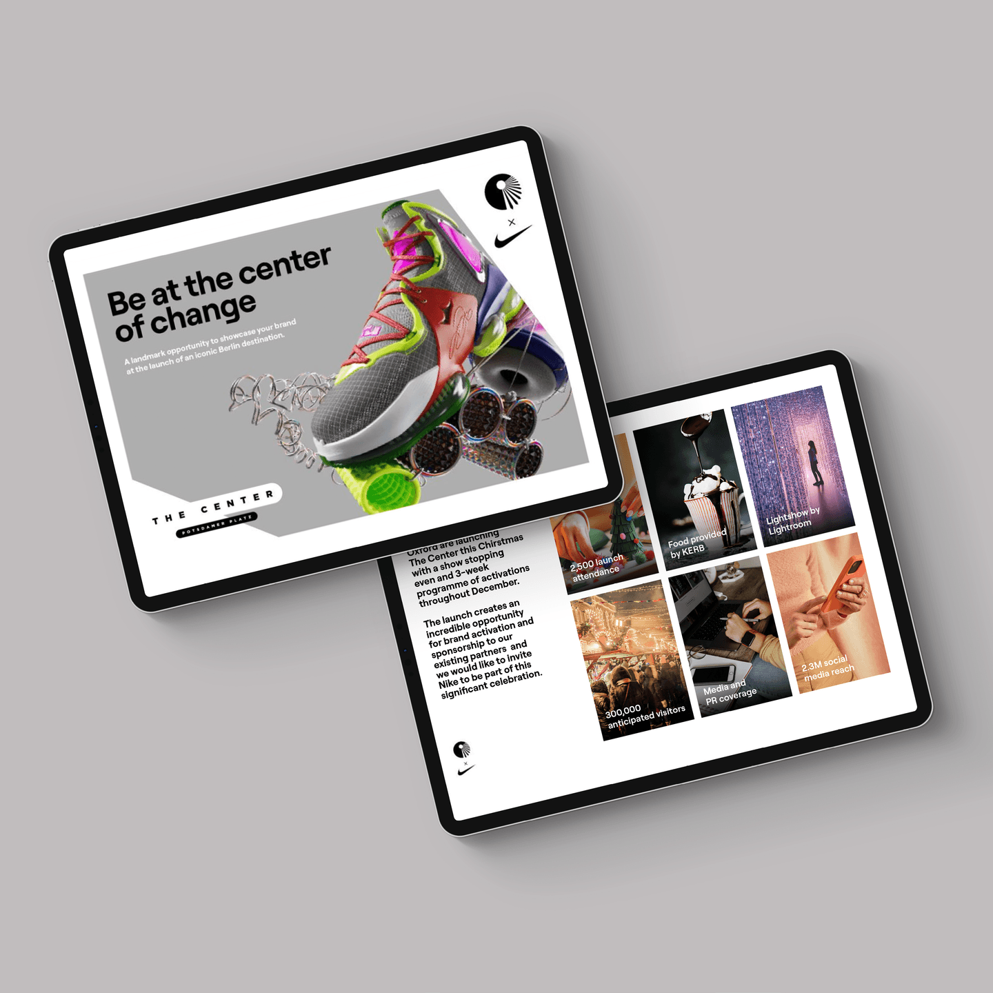 Two tablet screens display Nike-themed digital slides; one features a trainer with text, the other shows a grid of six images highlighting various sports and lifestyle activities.