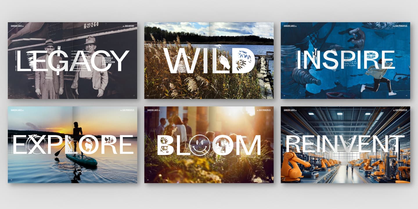 A collage of six landscape and industrial photos, each overlaid with large text: LEGACY, WILD, INSPIRE, EXPLORE, BLOOM, and REINVENT.