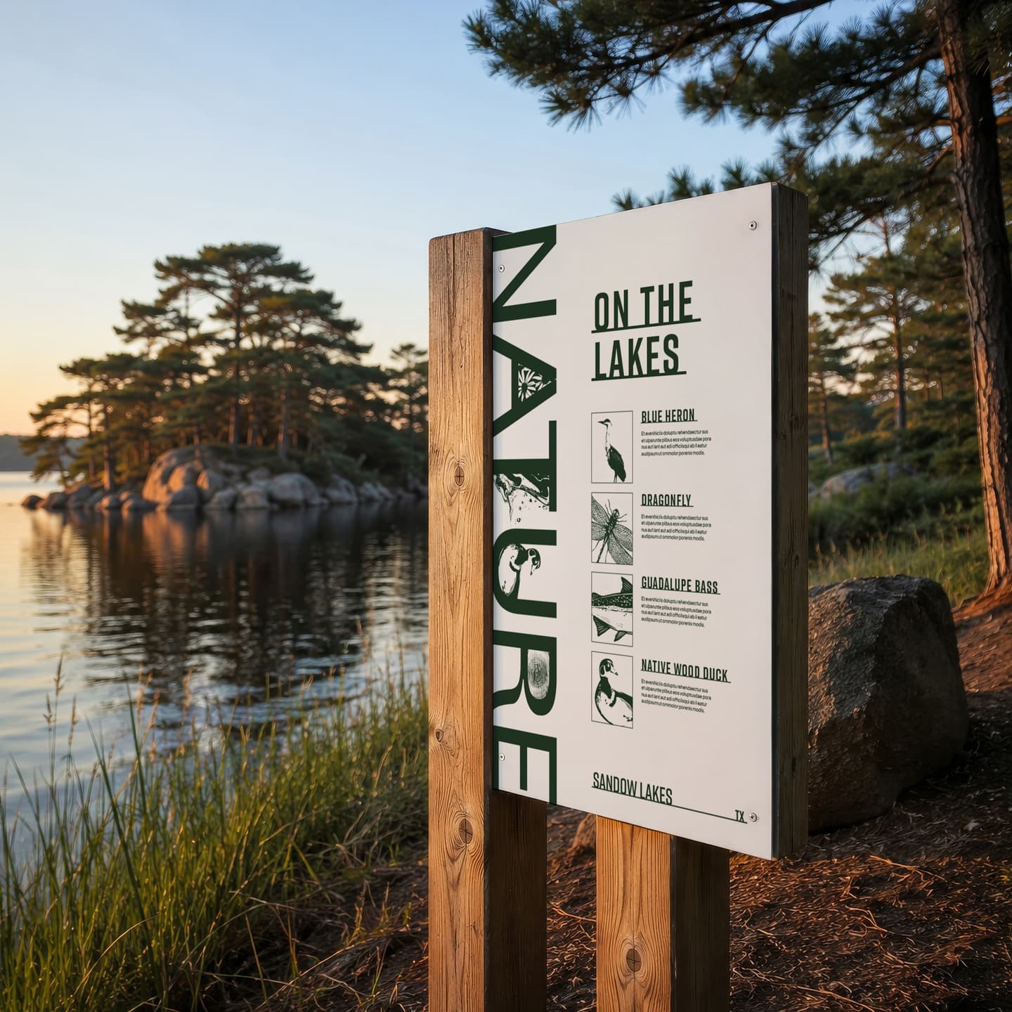 A wooden sign by a lake lists local wildlife: blue heron, dragonfly, smallmouth bass, and native wood duck. Trees and rocks surround the calm water at sundown.