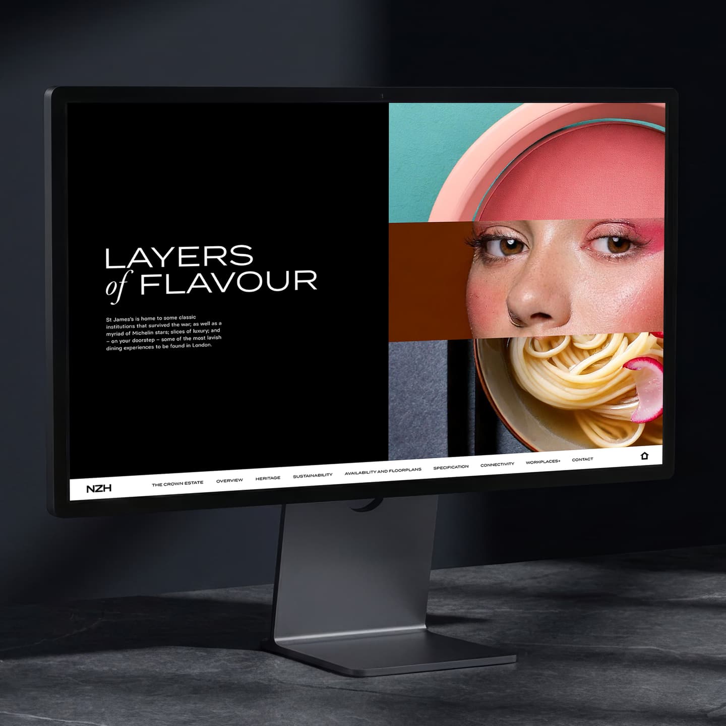 A computer monitor displays a website with the heading Layers of Flavour beside a collage of a woman's face and a bowl of noodles.