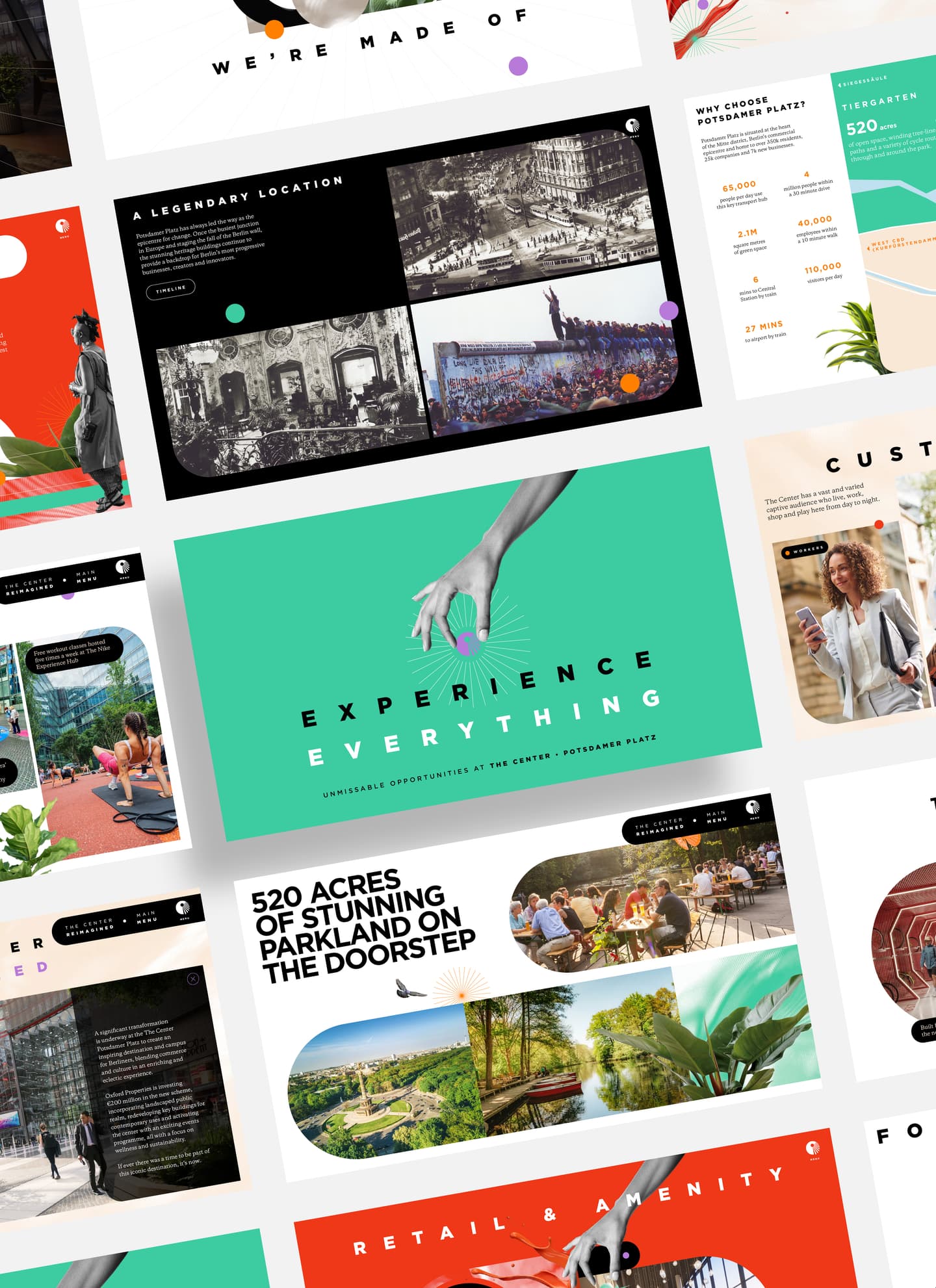 A grid of modern marketing slides featuring bold text, photos of people, landscapes, and abstract graphics related to parks, community, and amenities.