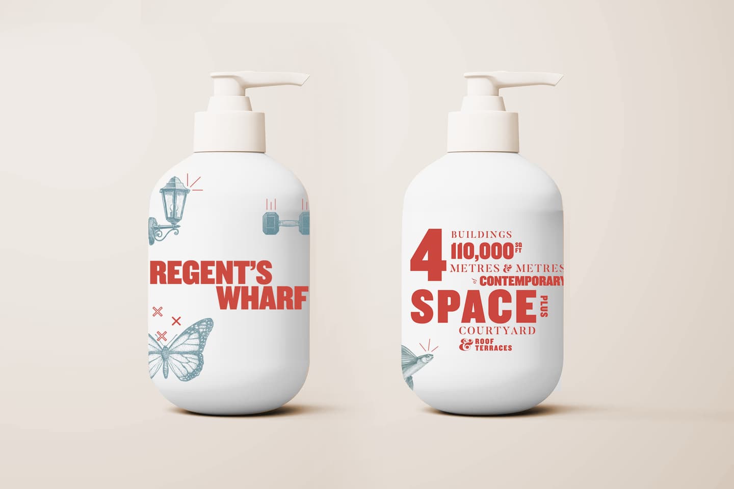 Two white pump bottles with red text and blue illustrations; the left reads REGENTS WHARF, and the right lists features like 4 buildings, 110,000+ metres², contemporary space.