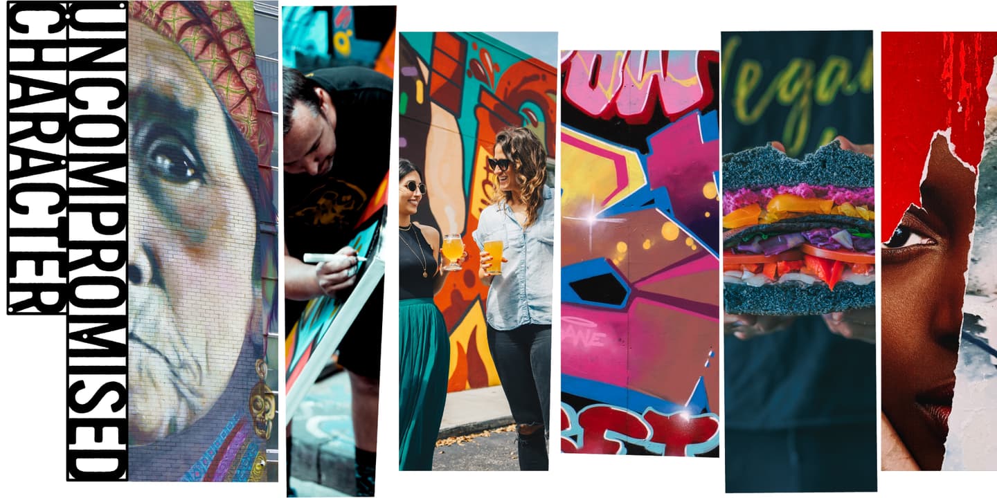 Vertical collage of seven panels featuring street art, people interacting, colourful graffiti, stacked sandwich, and partial close-ups of faces; text reads UNCOMPROMISED CHARACTER on left panel.