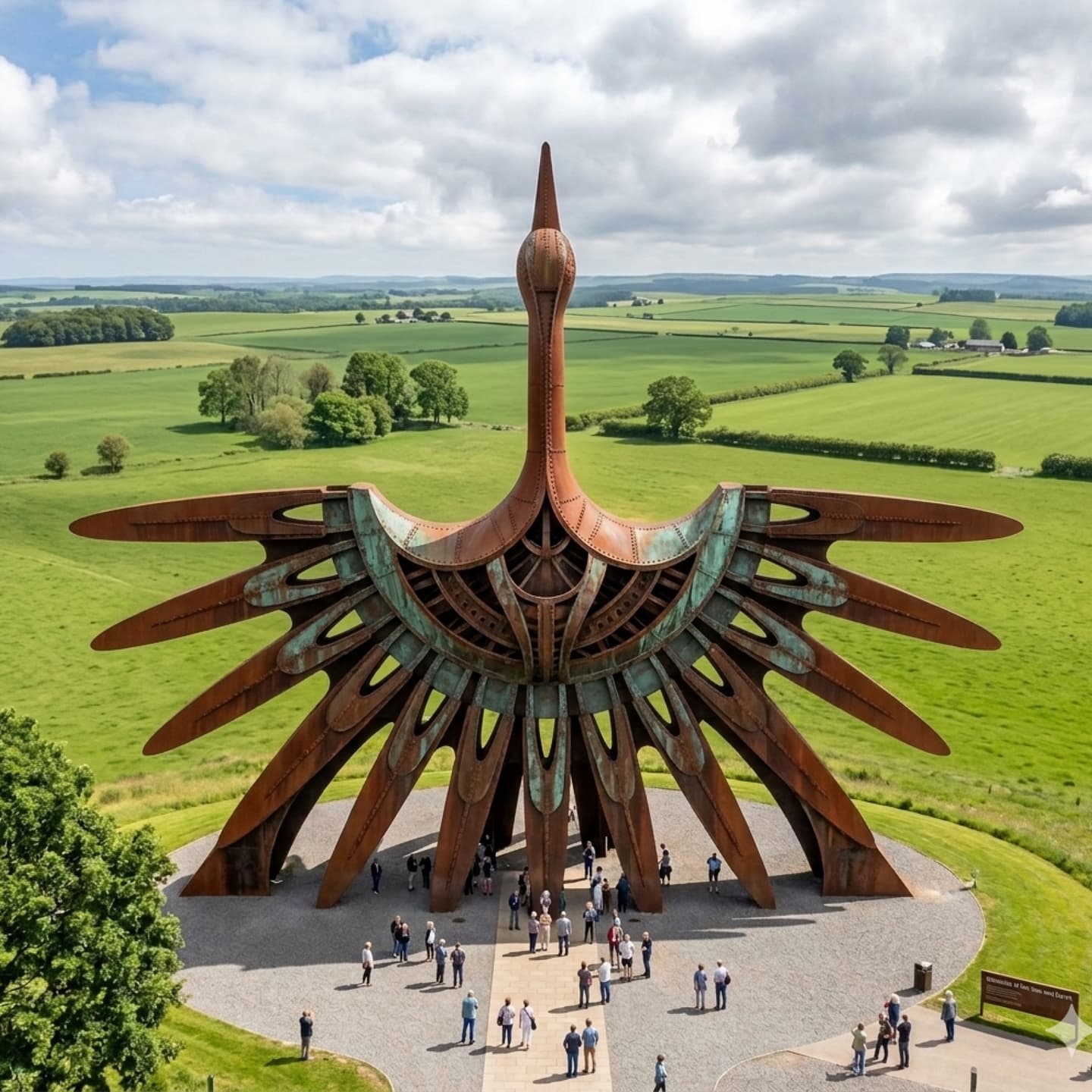 Large metal bird sculpture with outstretched wings stands on a paved area in a green field, surrounded by people and rural landscape under a partly cloudy sky.
