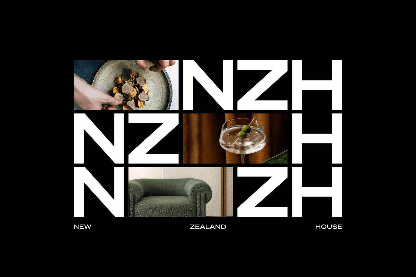 Collage with NZH text, images of hands with food, a cocktail, a green armchair, and the words NEW ZEALAND HOUSE at the bottom.